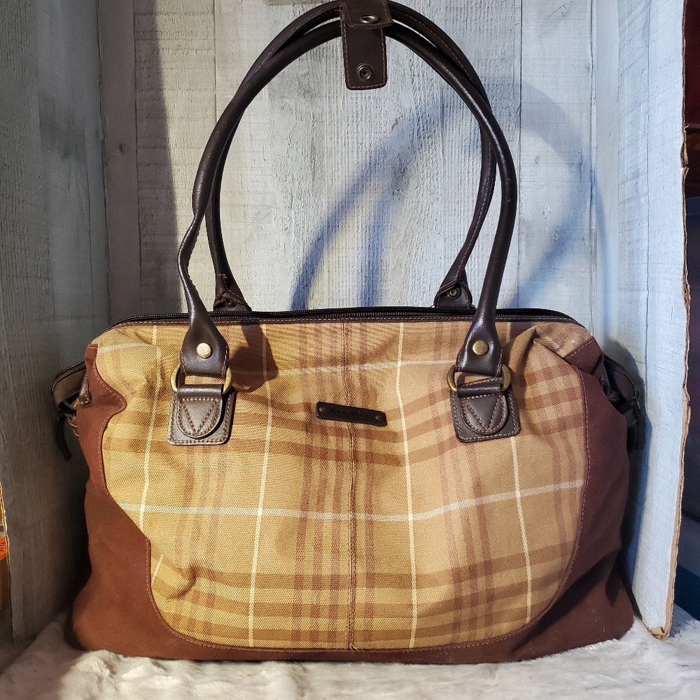 Eddie Bauer Brown Tan Plaid Double Handle Weekender Bag